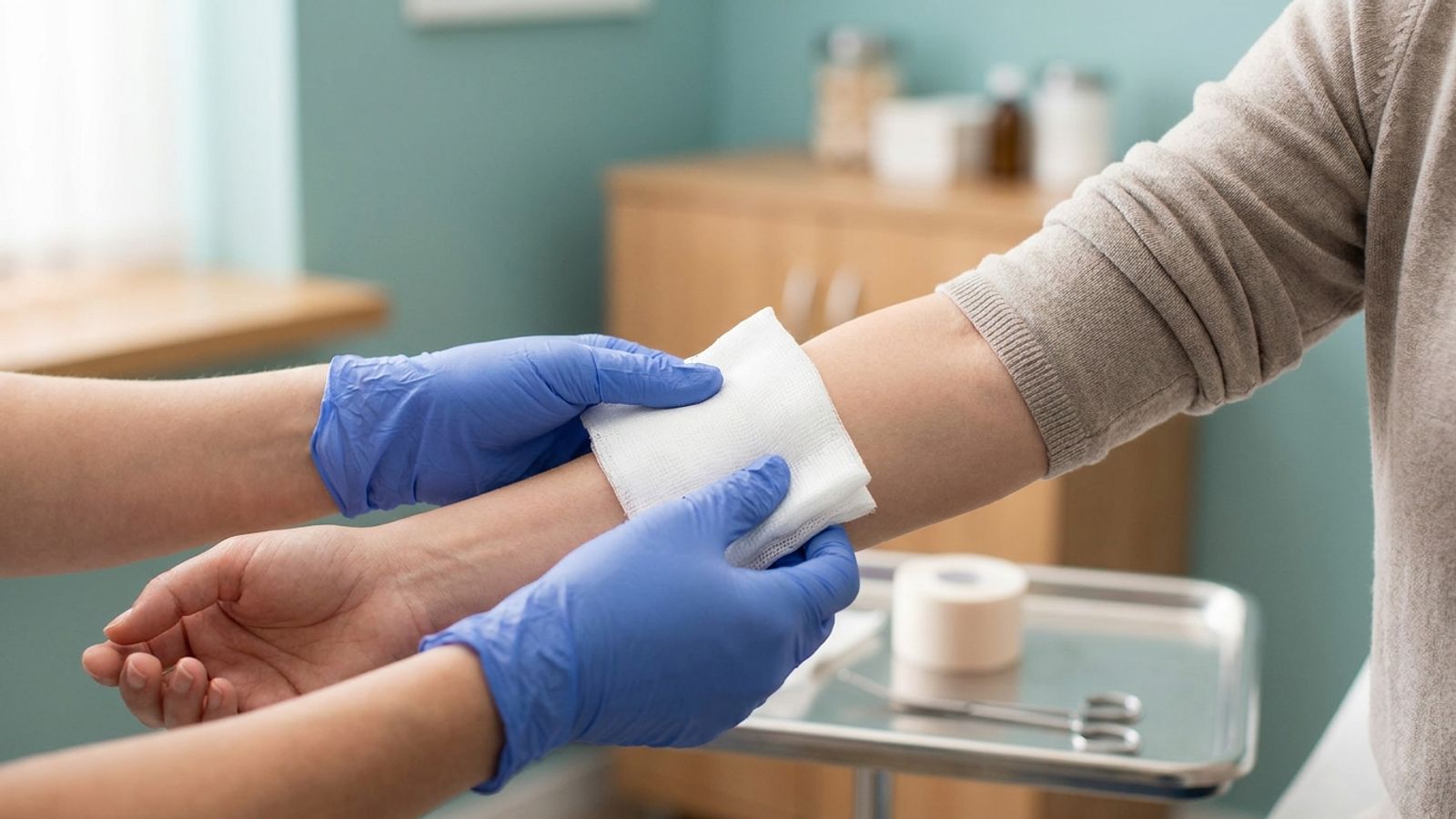 A clinician in blue gloves holding a clean gauze pad on a patient's forearm in a clinic exam room