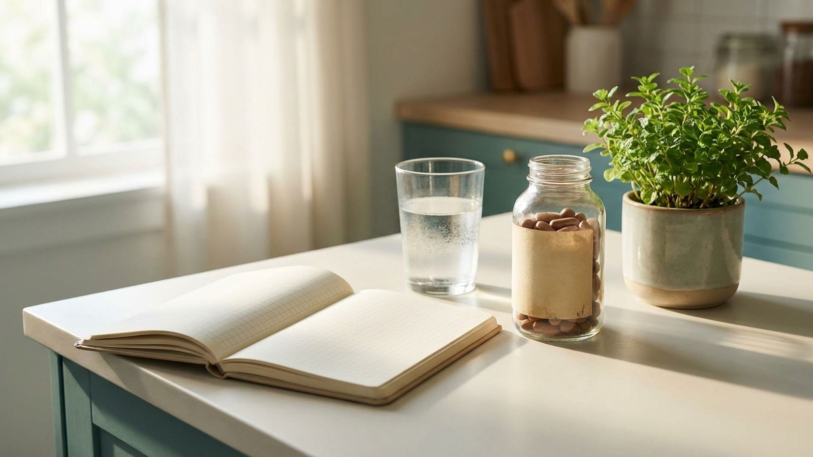An open notebook, a glass of water, a jar of vitamins and a small plant on a kitchen counter