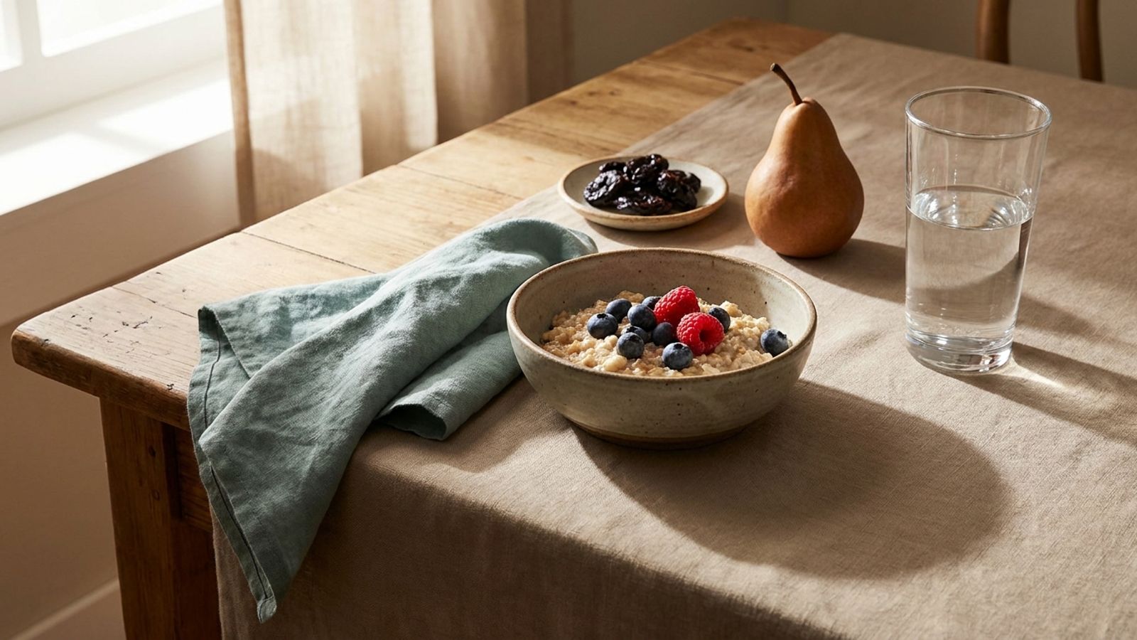 A bowl of oatmeal with berries, prunes, a pear and a glass of water on a wooden table