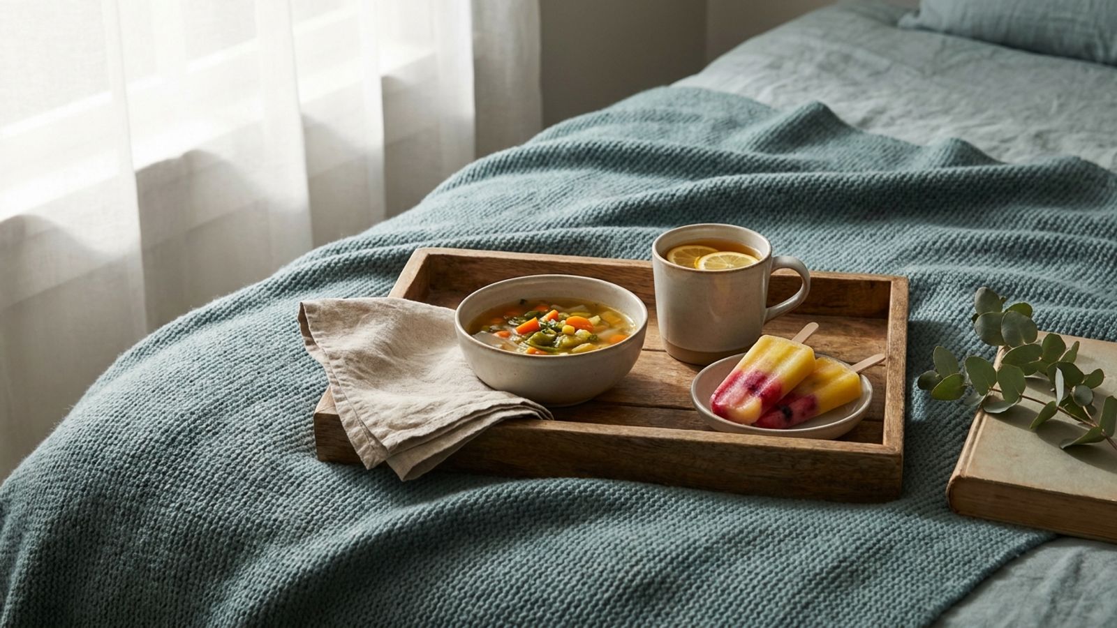 A tray with soup, tea with lemon and fruit ice pops on a bed with a teal blanket