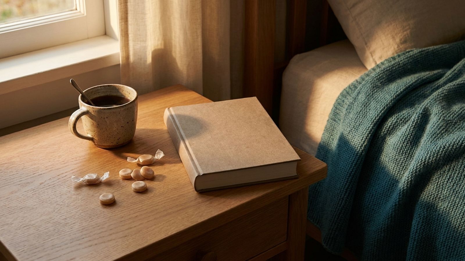 A mug of tea, throat lozenges and a closed book on a bedside table beside a teal blanket