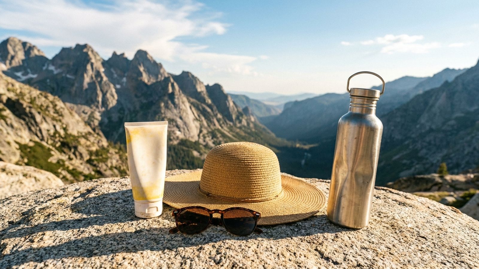 Sunscreen, a sun hat, sunglasses and a water bottle on a rock at a high mountain overlook