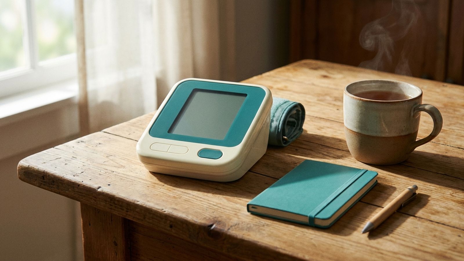 A home blood pressure monitor beside a notebook, pencil and a mug of tea on a wooden table
