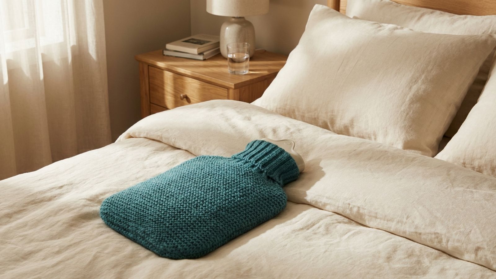 A hot water bottle in a teal knit cover on a made bed, with a glass of water on the nightstand