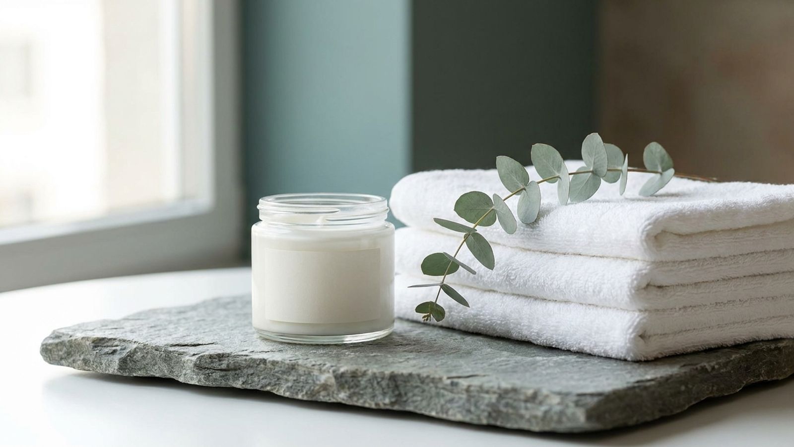 Jar of moisturizer and folded white towels on a stone surface