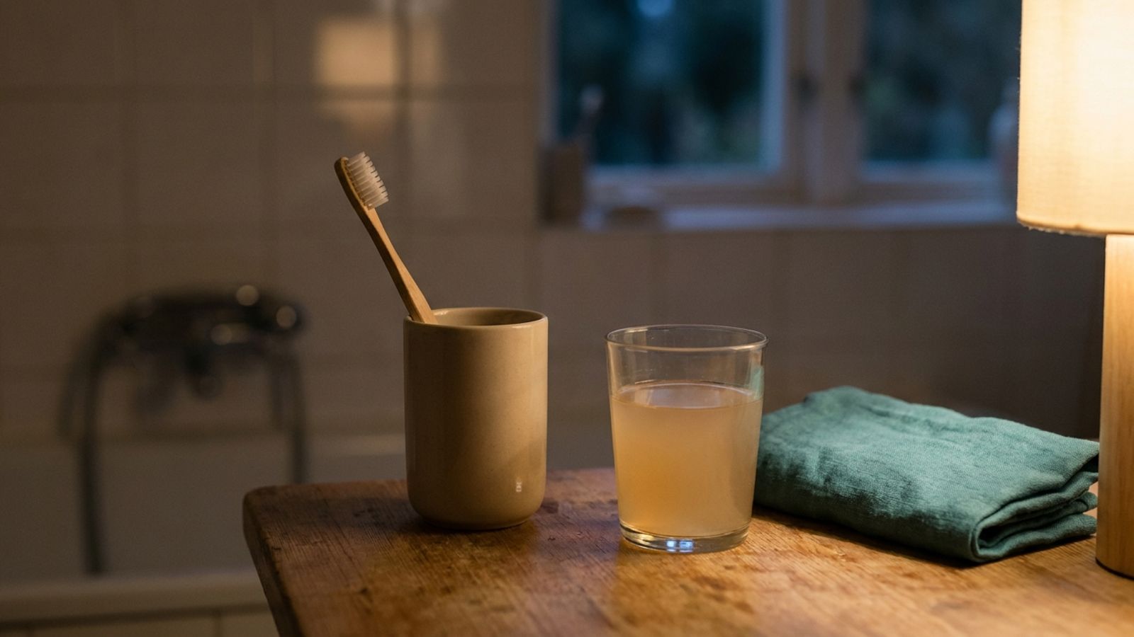 A toothbrush in a cup, a glass of salt water and a folded teal cloth on a counter at night