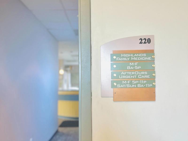 Suite 220 sign for AfterOurs Urgent Care
