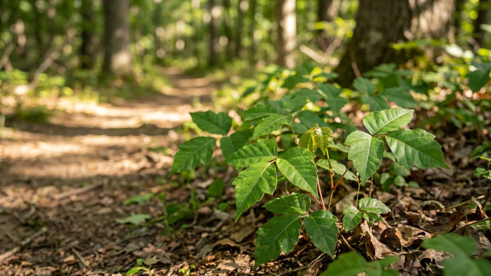Poison ivy plant growing beside a sunlit woodland trail