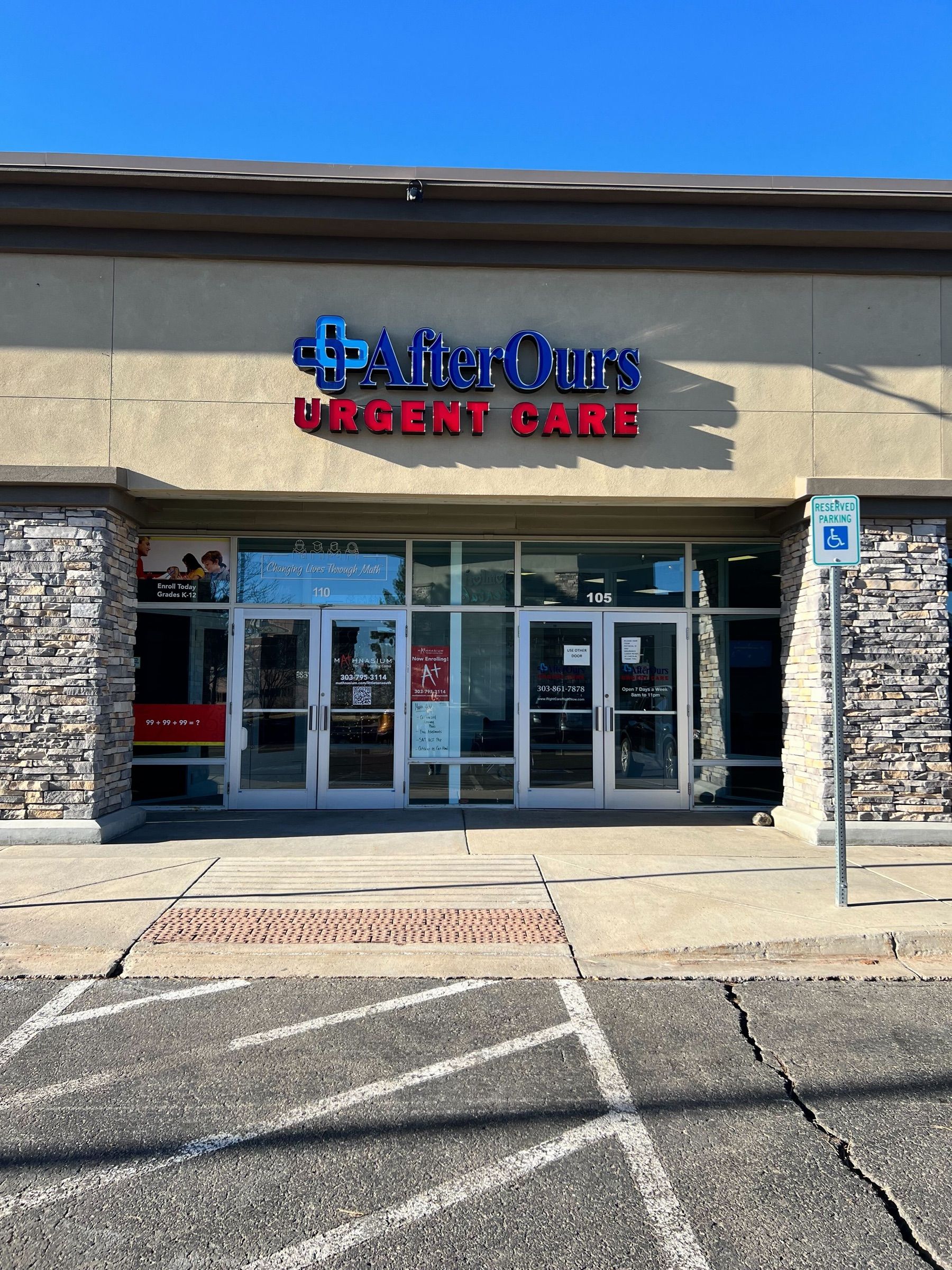 AfterOurs Urgent Care Littleton storefront with its AfterOurs sign above the entrance