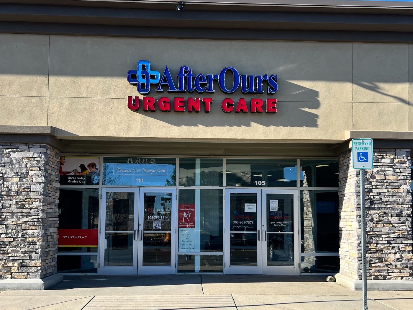AfterOurs Urgent Care Littleton storefront with its AfterOurs sign above the entrance