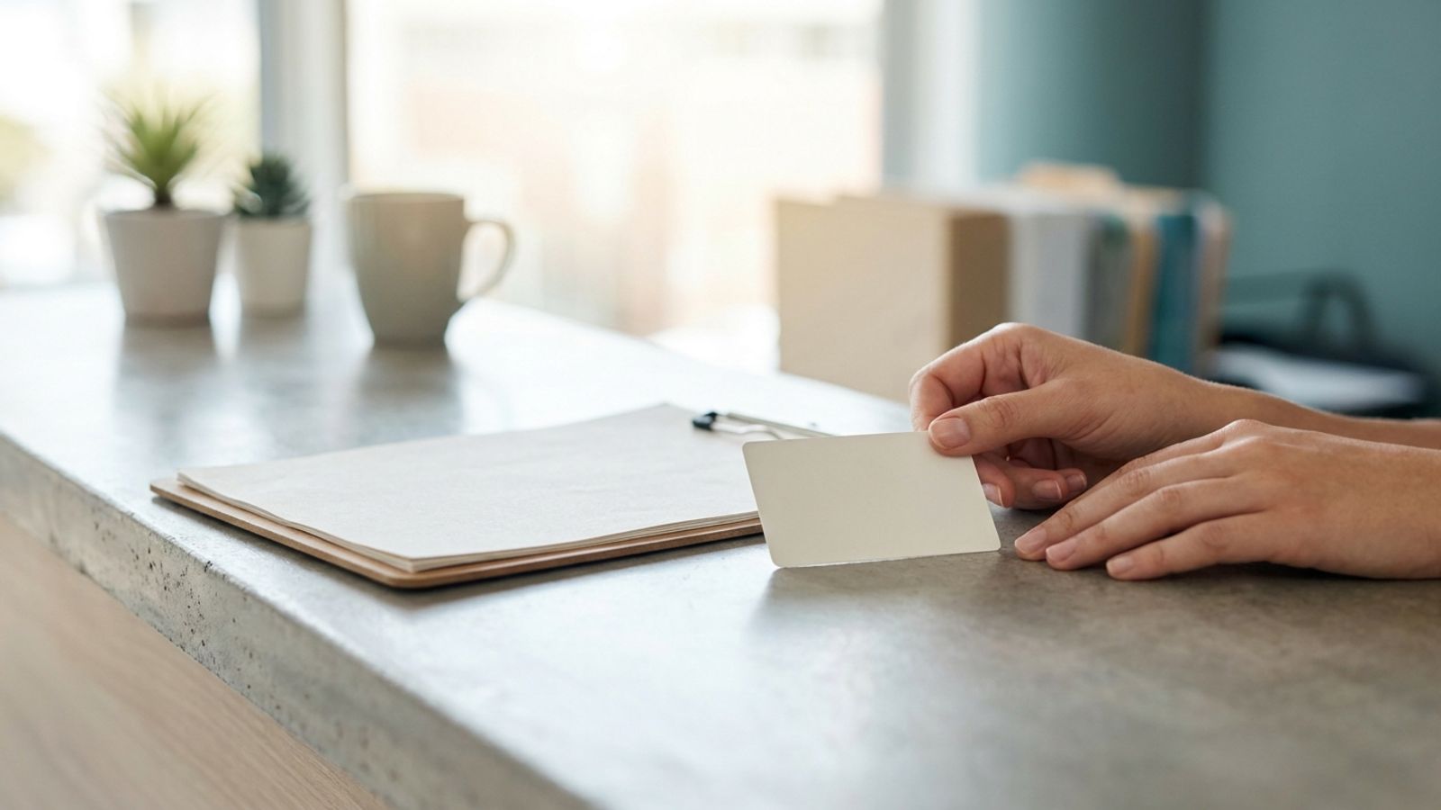 Hands placing an insurance card next to a clipboard on a clinic front desk