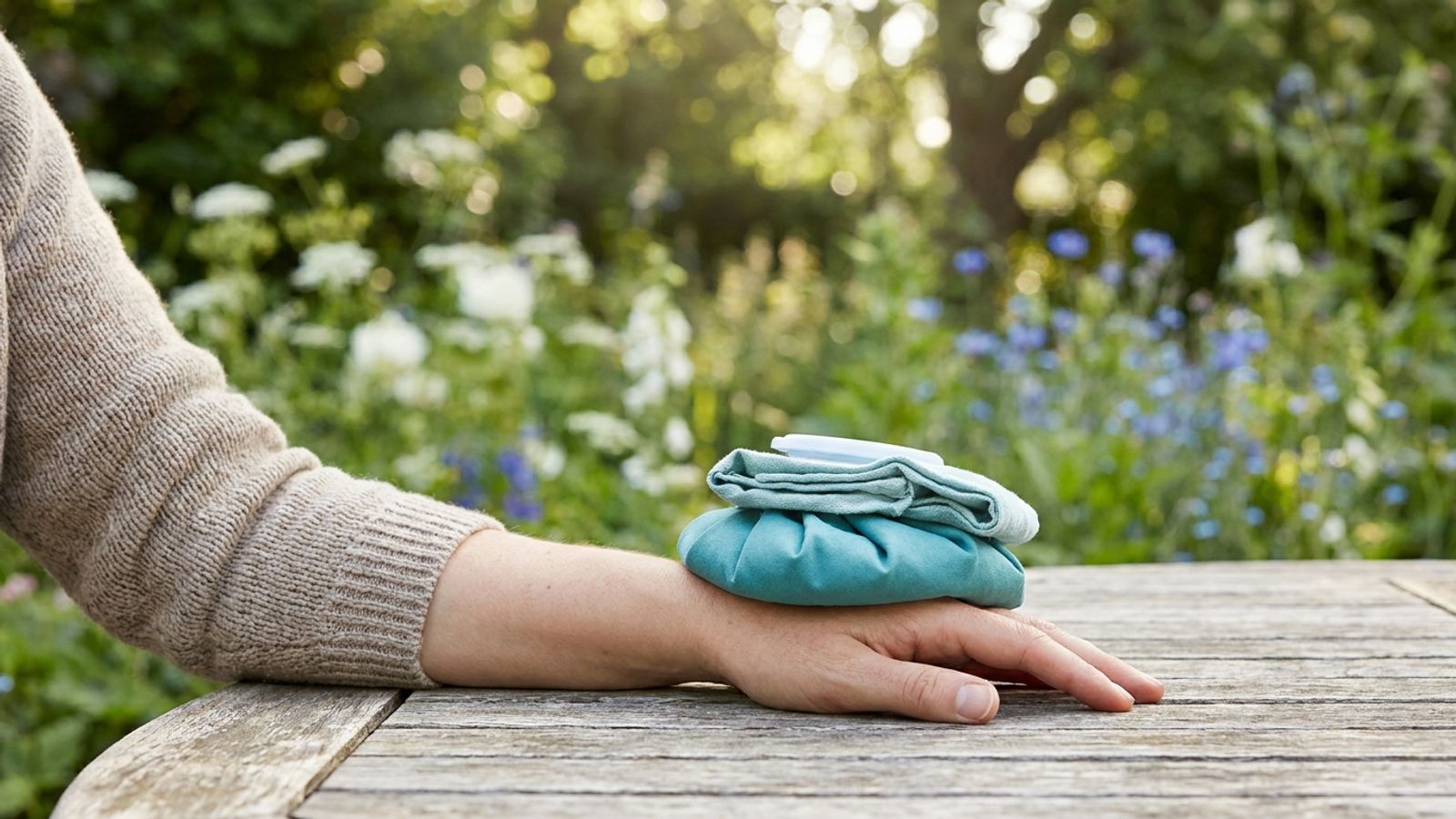 Hand resting on a garden table with a teal cold pack and cloth on the back of it, flowers in the background