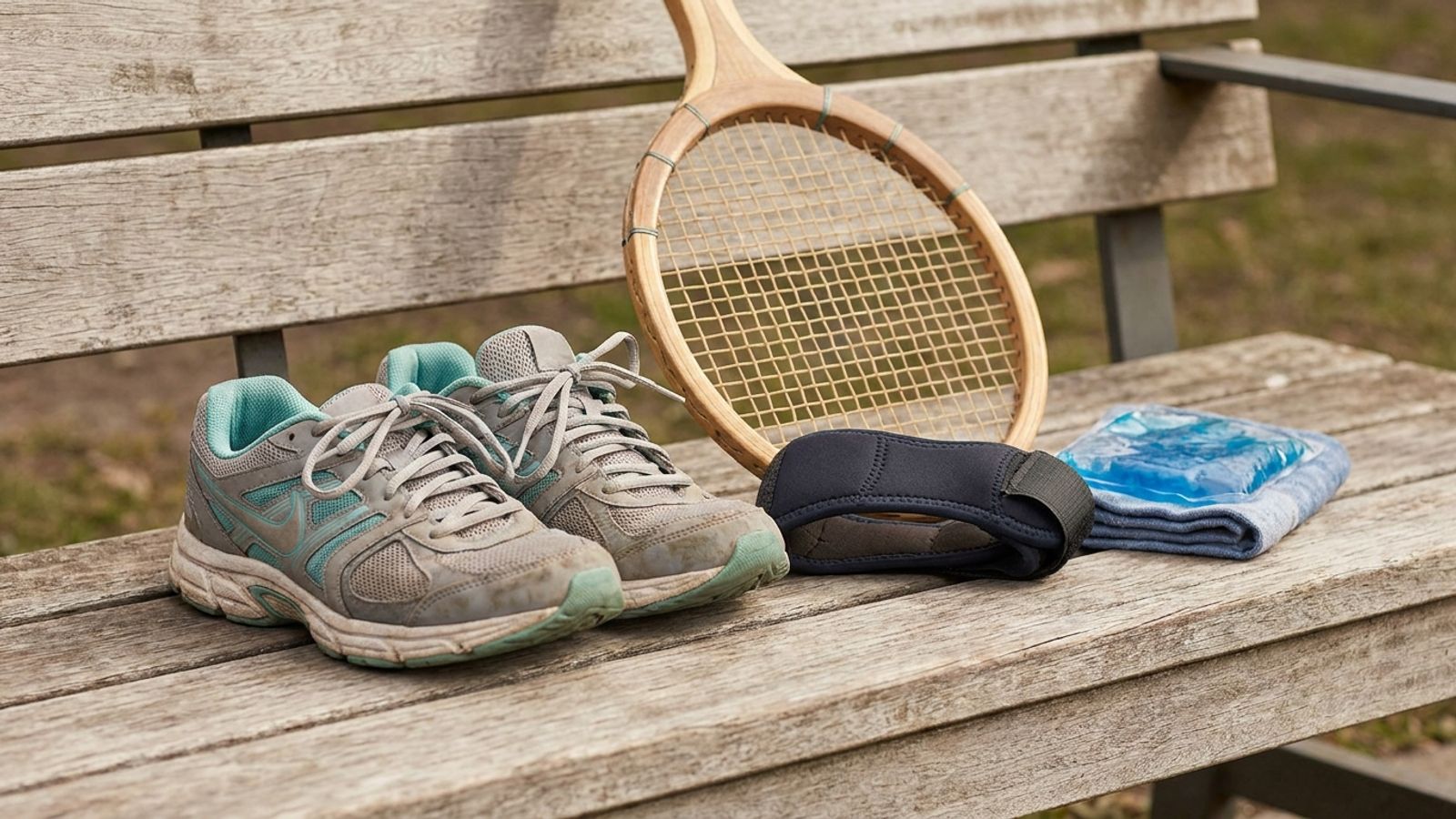 Running shoes, a tennis racket, an elbow strap and an ice pack on a wooden bench