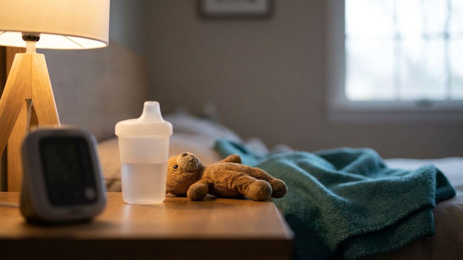 A thermometer, a sippy cup and a stuffed bear on a bedside table beside a teal blanket