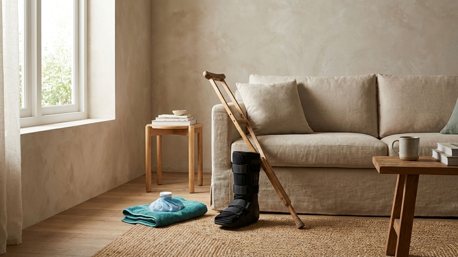 A crutch and a walking boot by a sofa, with an ice pack on a teal towel on the floor