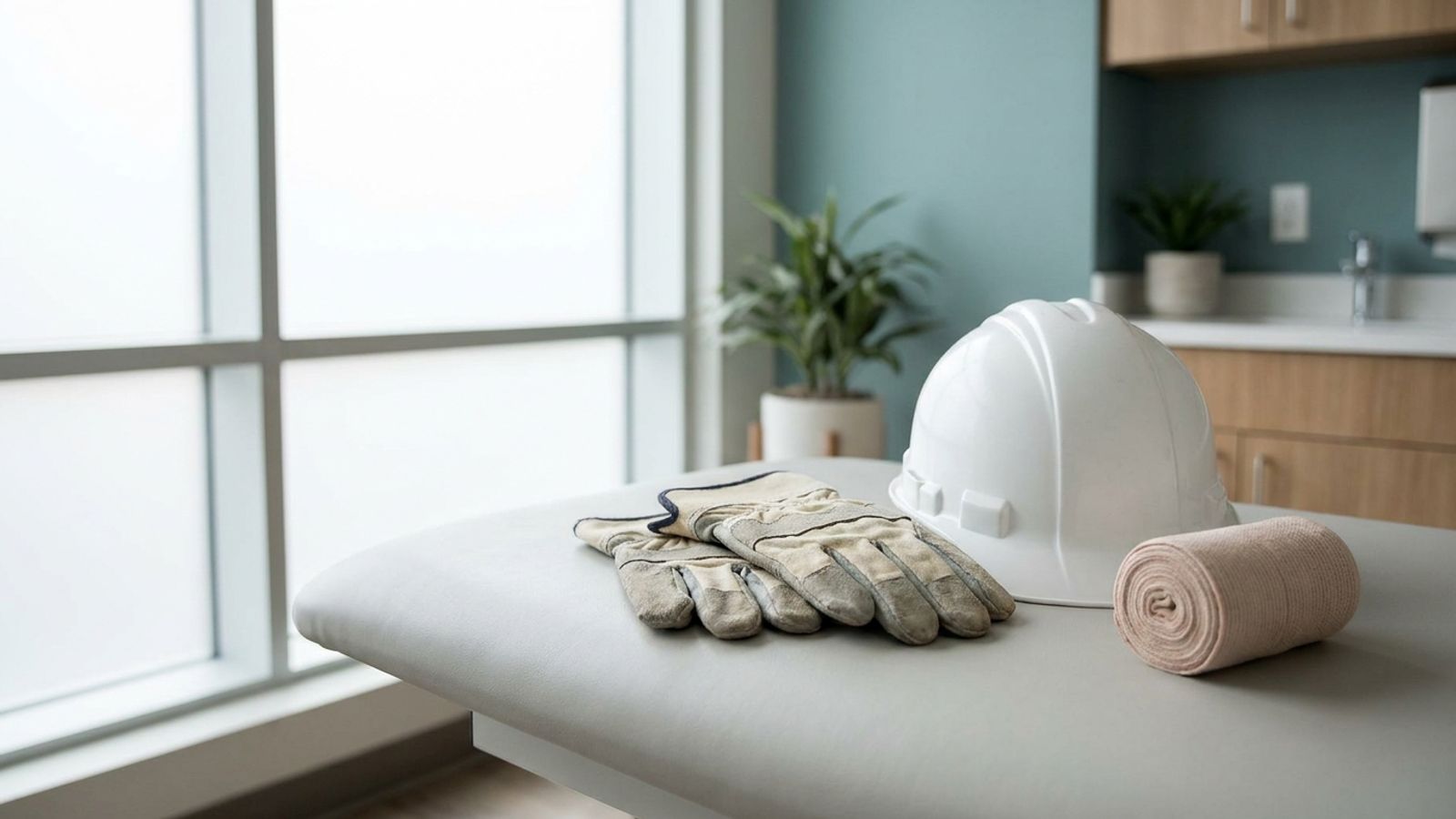 Work gloves, a white hard hat and a rolled elastic bandage on an exam table in a bright clinic room