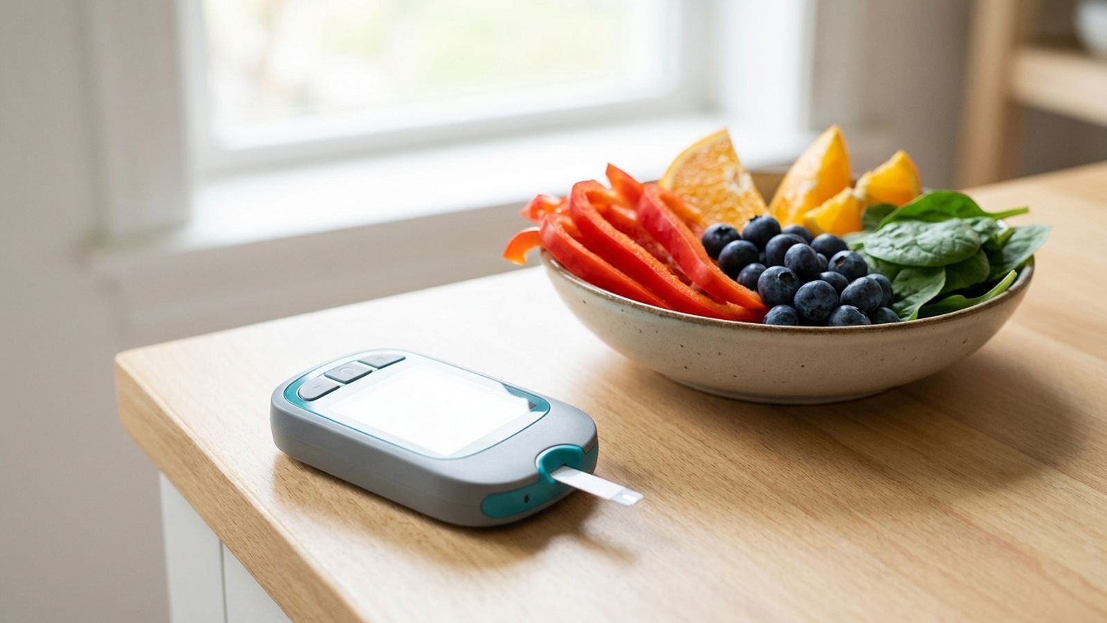 Blood glucose meter beside a bowl of fresh vegetables and fruit