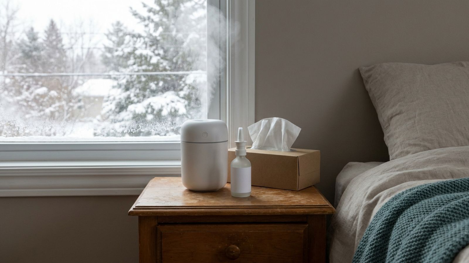 A humidifier, saline nasal spray and tissues on a nightstand by a snowy winter window