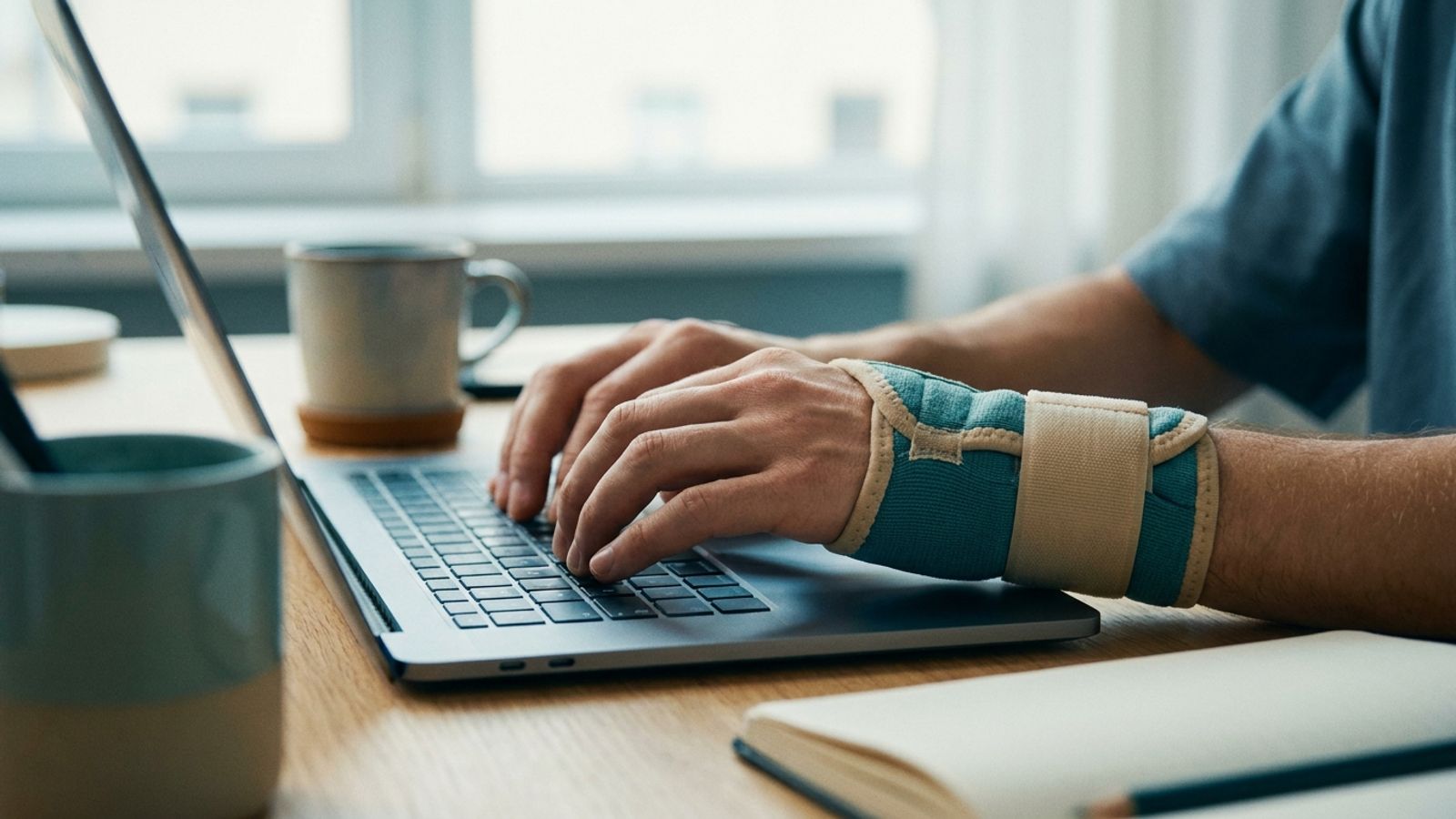Hands typing on a laptop with a wrist brace