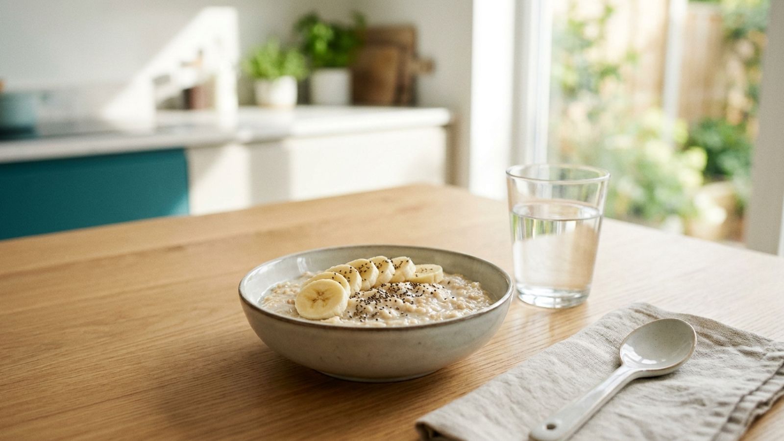 Bowl of oatmeal with banana and a glass of water