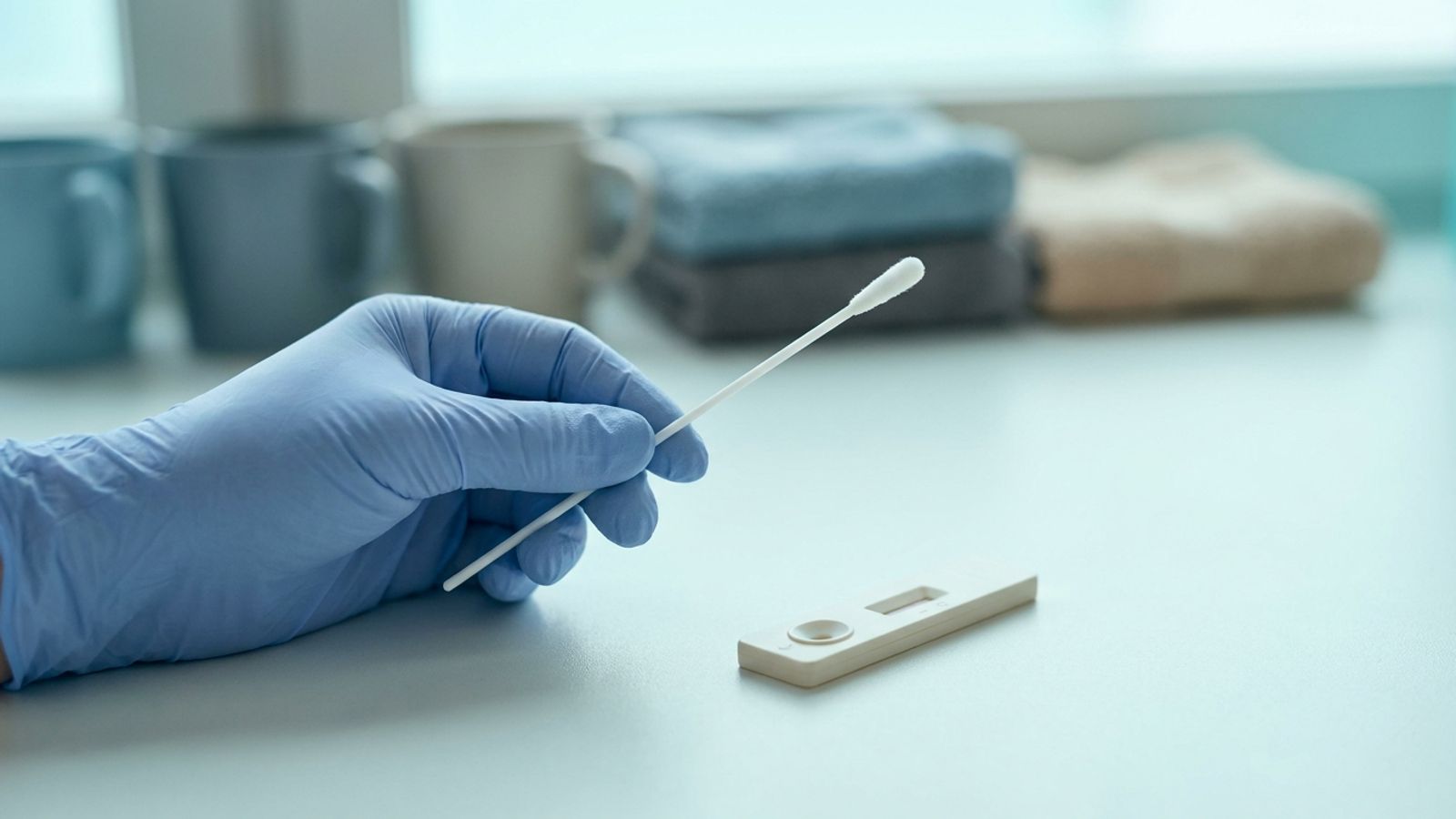 Gloved hand holding a throat swab next to a rapid test cassette on a clinic counter