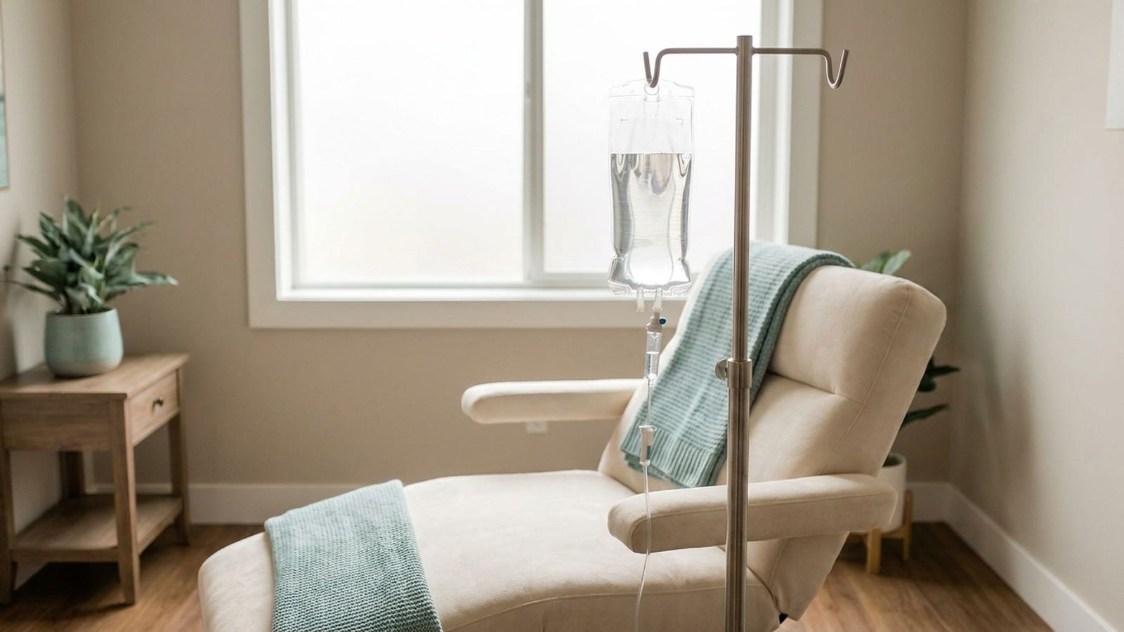 A bag of IV fluid hanging on a stand beside a cream treatment recliner with a teal blanket in a sunlit clinic room