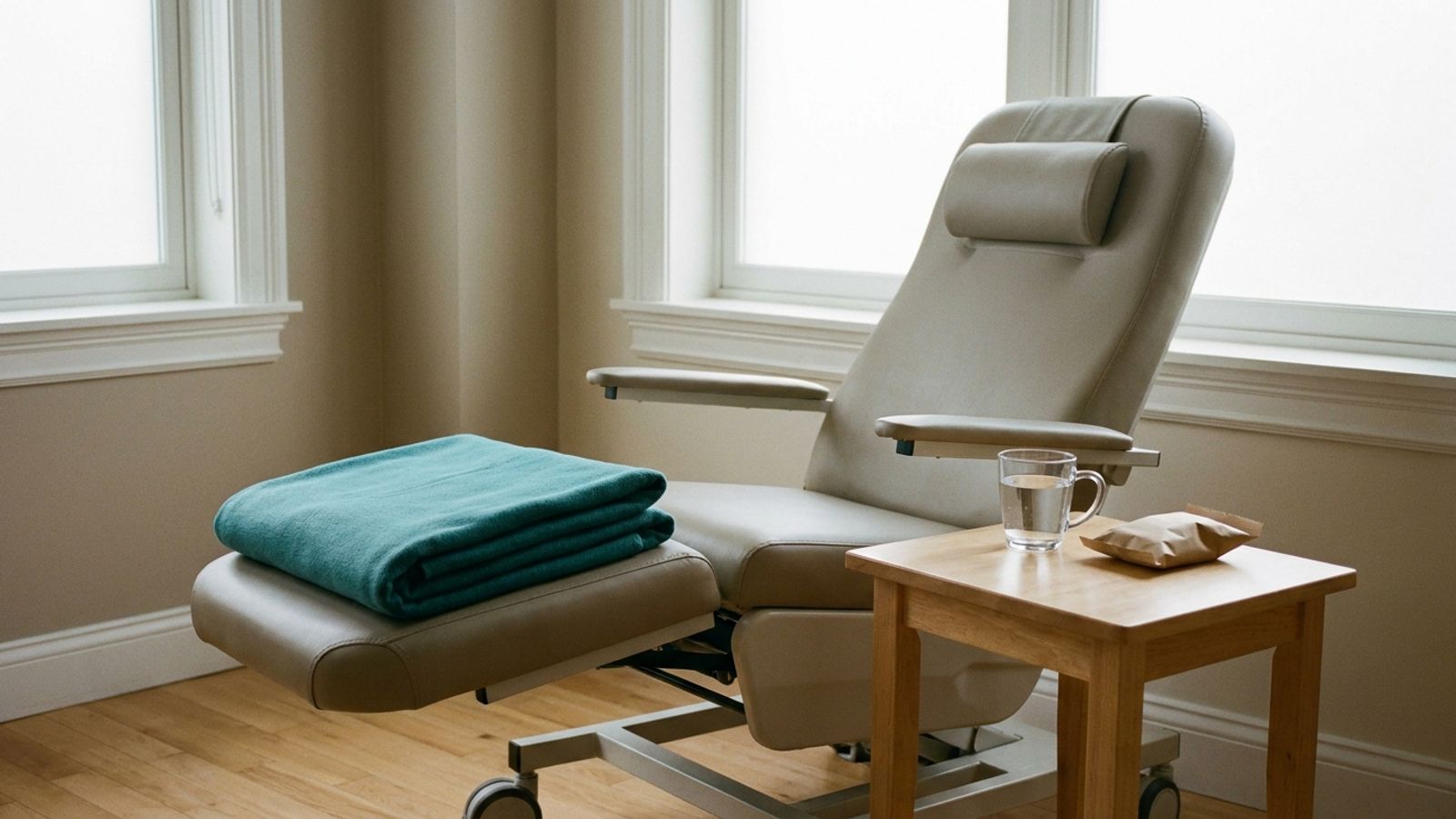 An empty clinic recliner with a folded teal blanket, a cup of water and crackers on a side table