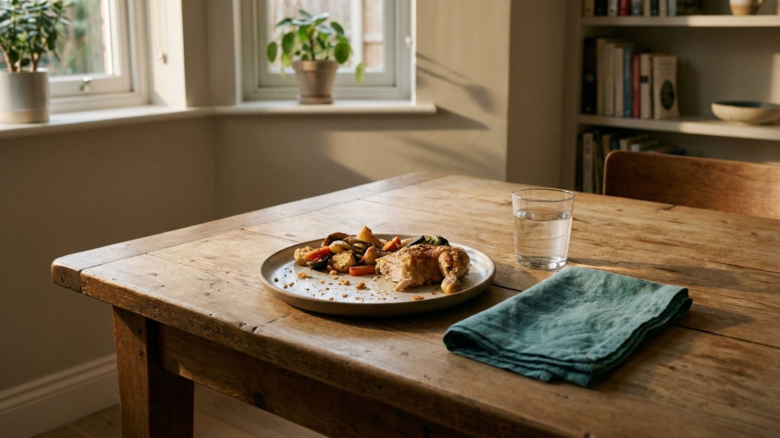 A half-eaten dinner plate pushed aside on a wooden table beside a glass of water and a teal napkin