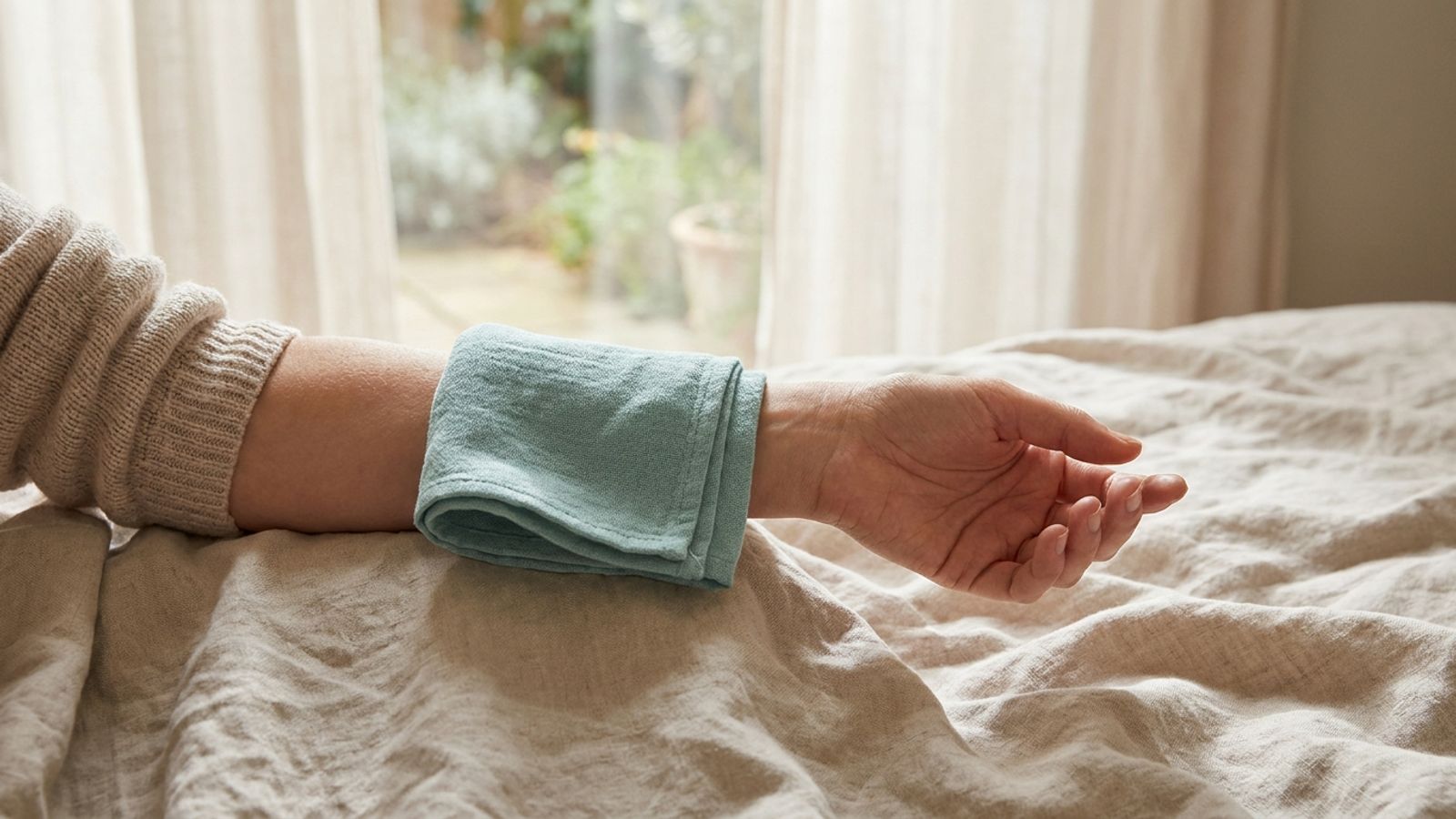 A forearm resting on linen bedding with a cool, damp teal washcloth folded over it