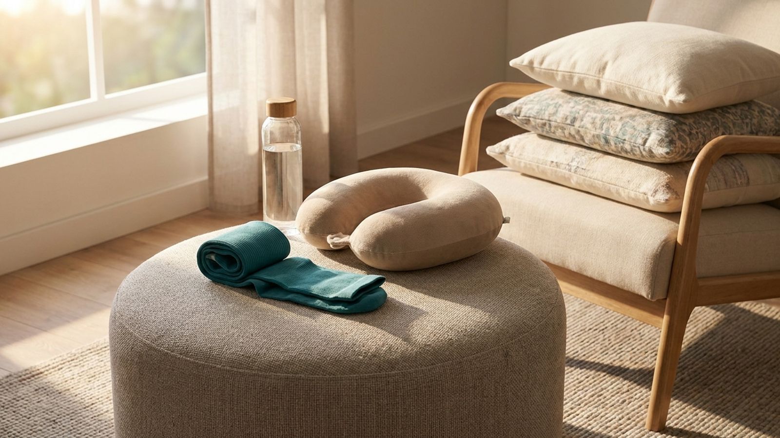 Rolled compression socks, a travel pillow and a water bottle on an ottoman beside stacked cushions