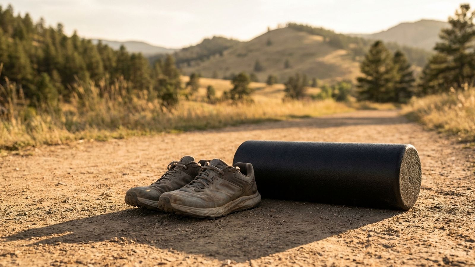 Worn running shoes and a foam roller on a dirt trail in the Colorado foothills