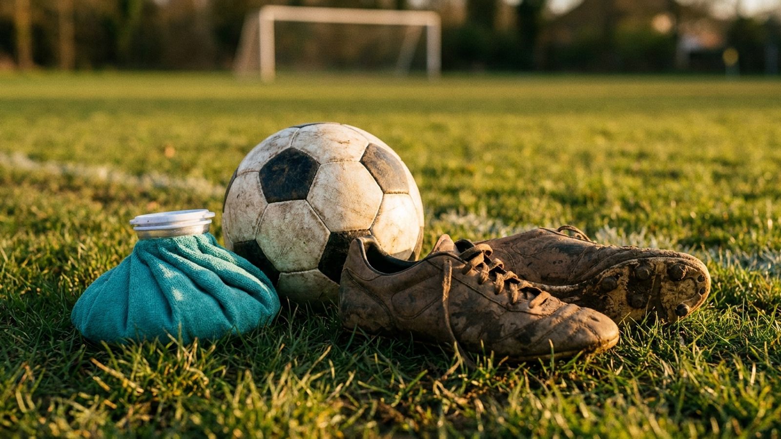 A soccer ball, muddy cleats and an ice bag on the grass at the edge of a sports field