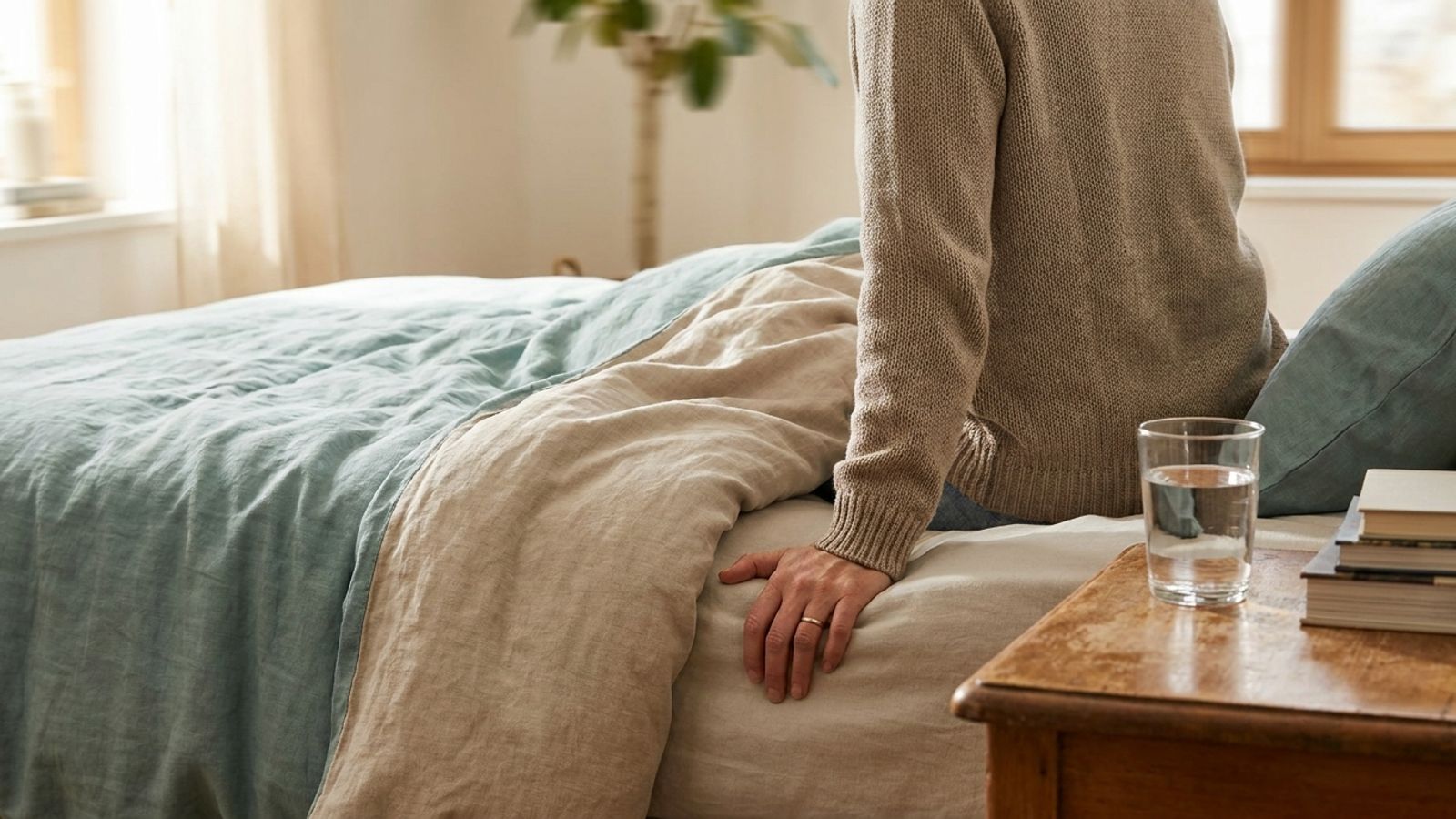 A person sitting on the edge of a bed steadying themselves with one hand, a glass of water on the nightstand