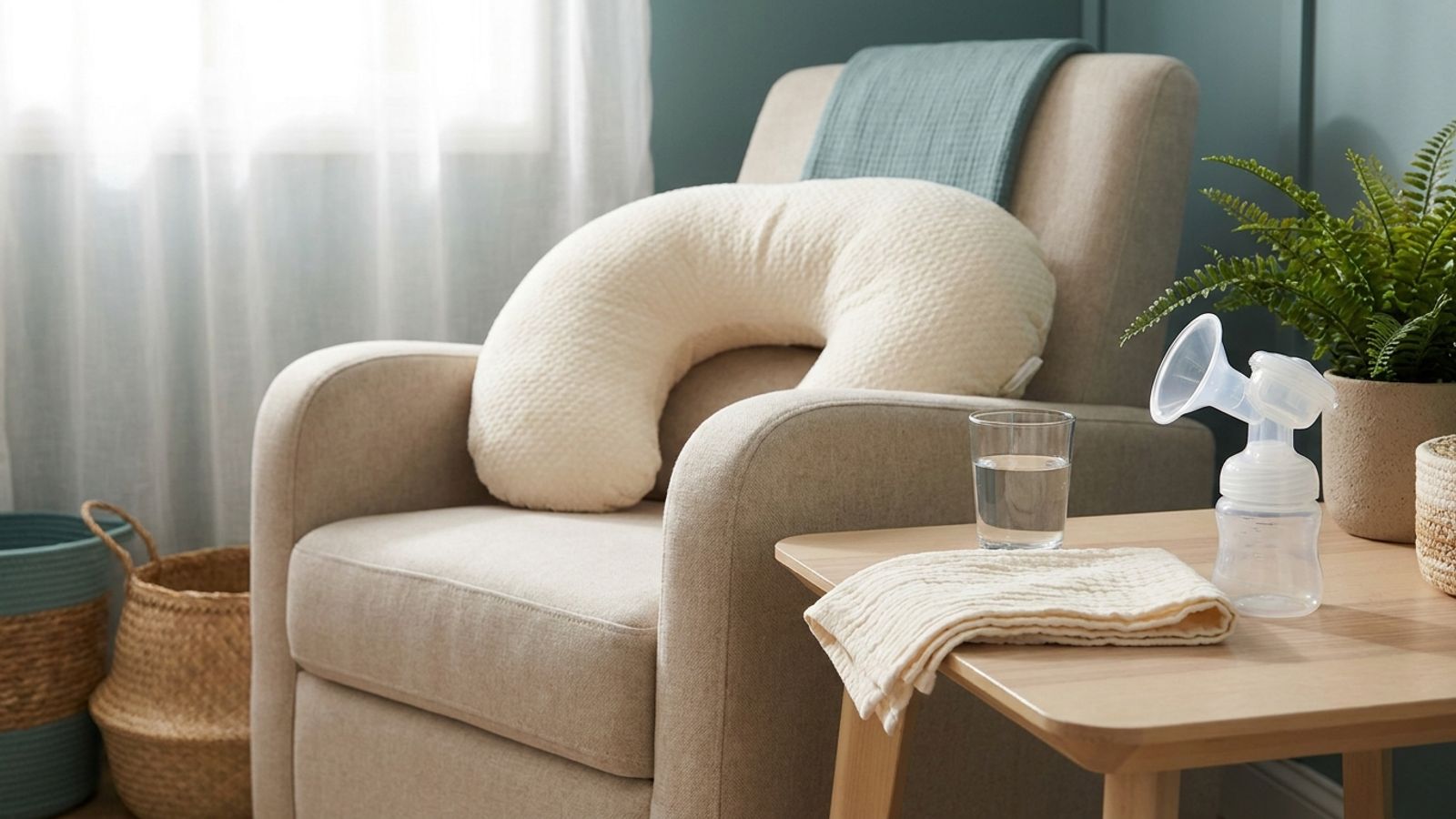 A nursing pillow on an armchair beside a side table with a glass of water, a muslin cloth and a breast pump