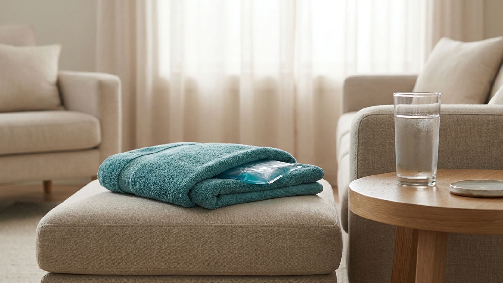 An ice pack wrapped in a teal towel on a footstool beside a glass of water