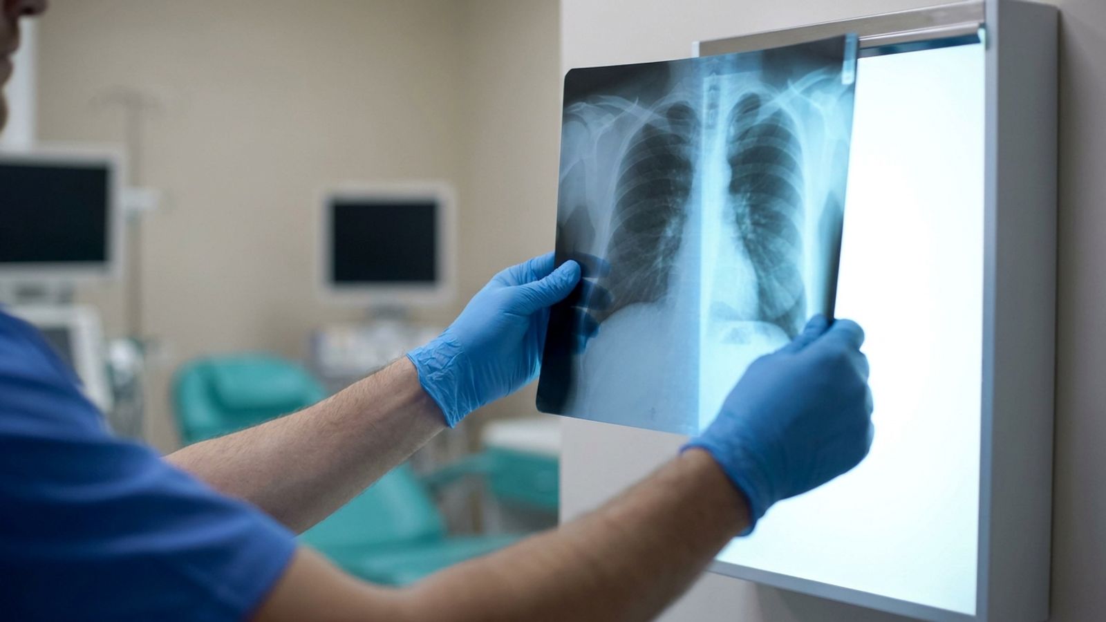 Gloved hands holding a chest x-ray up to a light box