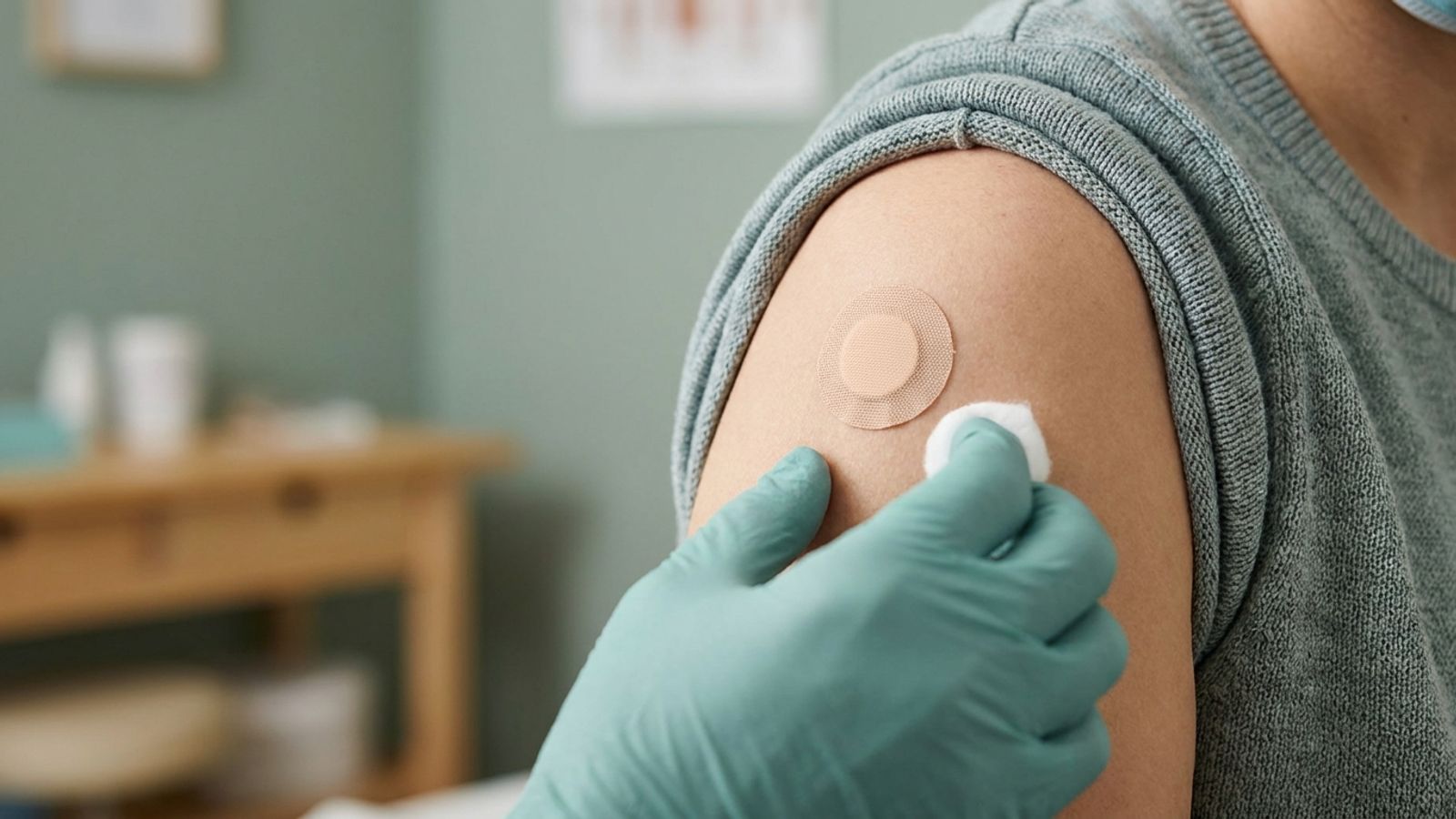 A gloved hand holding a cotton pad next to a small round bandage on a person's upper arm after a vaccine
