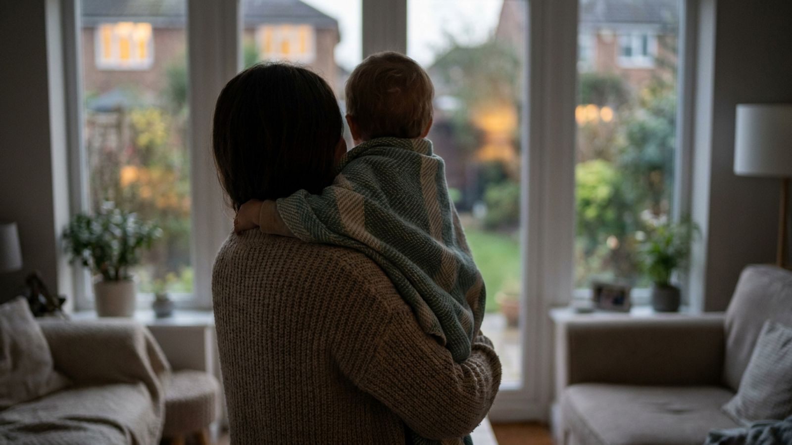 A parent holding a toddler wrapped in a blanket, looking out a window at dusk