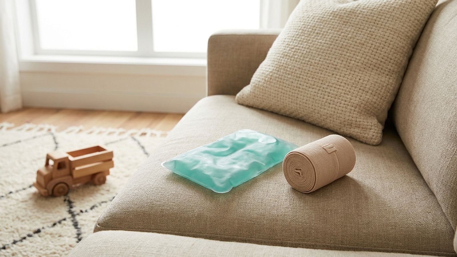 A gel ice pack and a compression bandage on a sofa, with a wooden toy truck on the rug