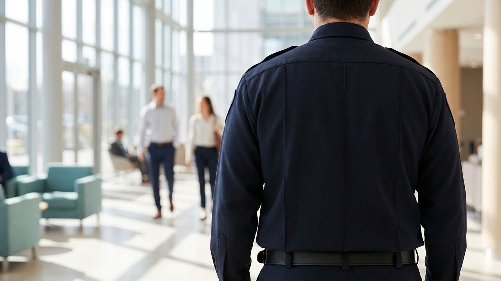 Security officer in a dark uniform seen from behind in a bright office building lobby