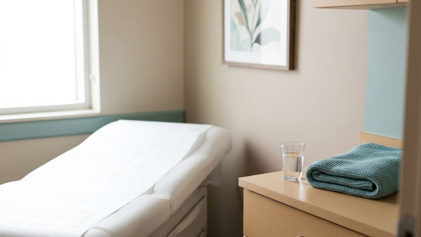 A quiet clinic exam room with a paper-covered exam table, a glass of water and a folded teal blanket on the counter