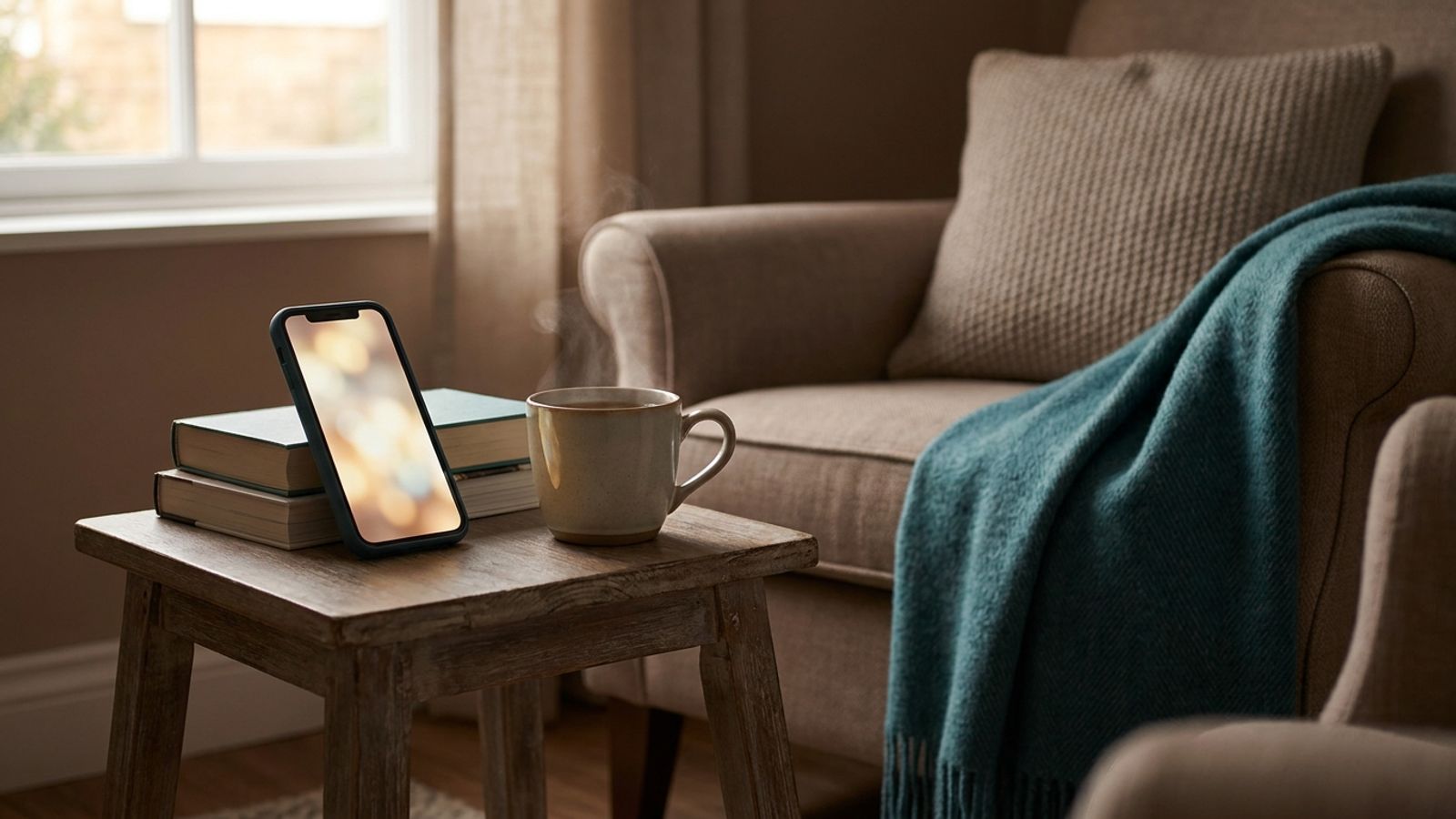 A smartphone propped on a side table beside a cup of tea and an armchair with a teal blanket in a cozy living room