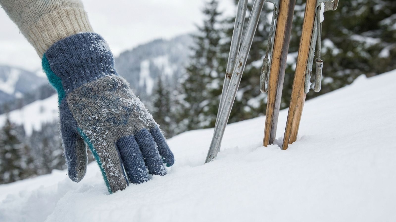 A gloved hand pressed into fresh snow beside ski poles and skis at the edge of a mountain slope