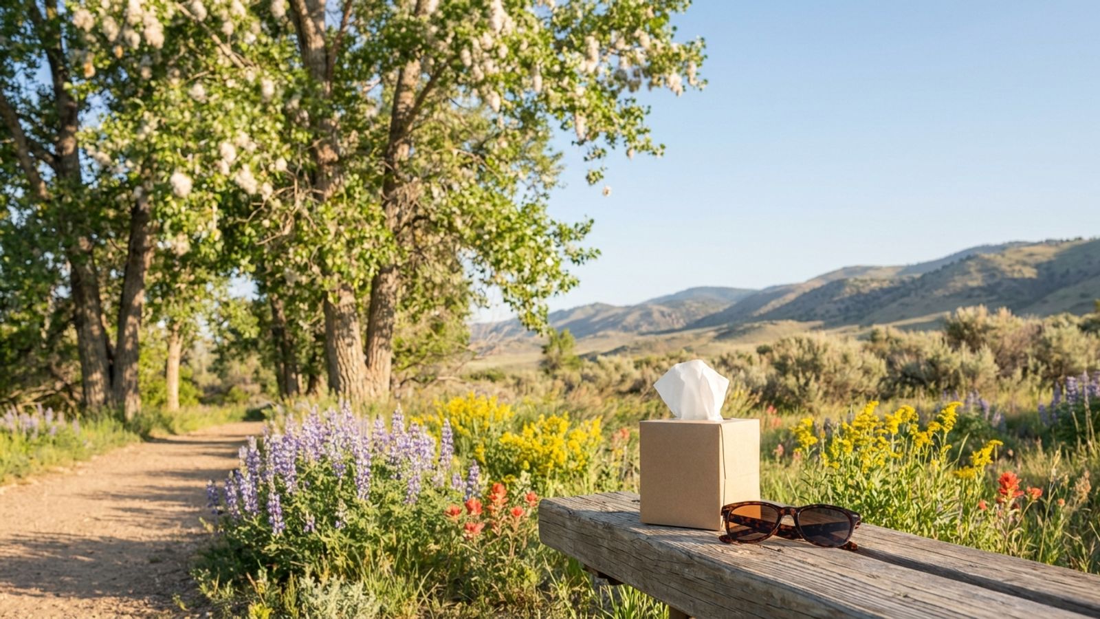 A box of tissues and sunglasses on a bench beside a Colorado trail lined with spring wildflowers and cottonwoods