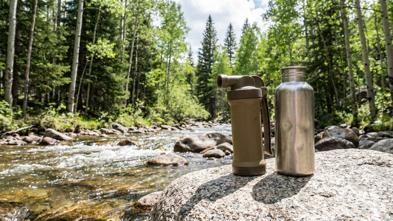A backpacking water filter and bottle on a rock beside a mountain stream in an aspen and pine forest