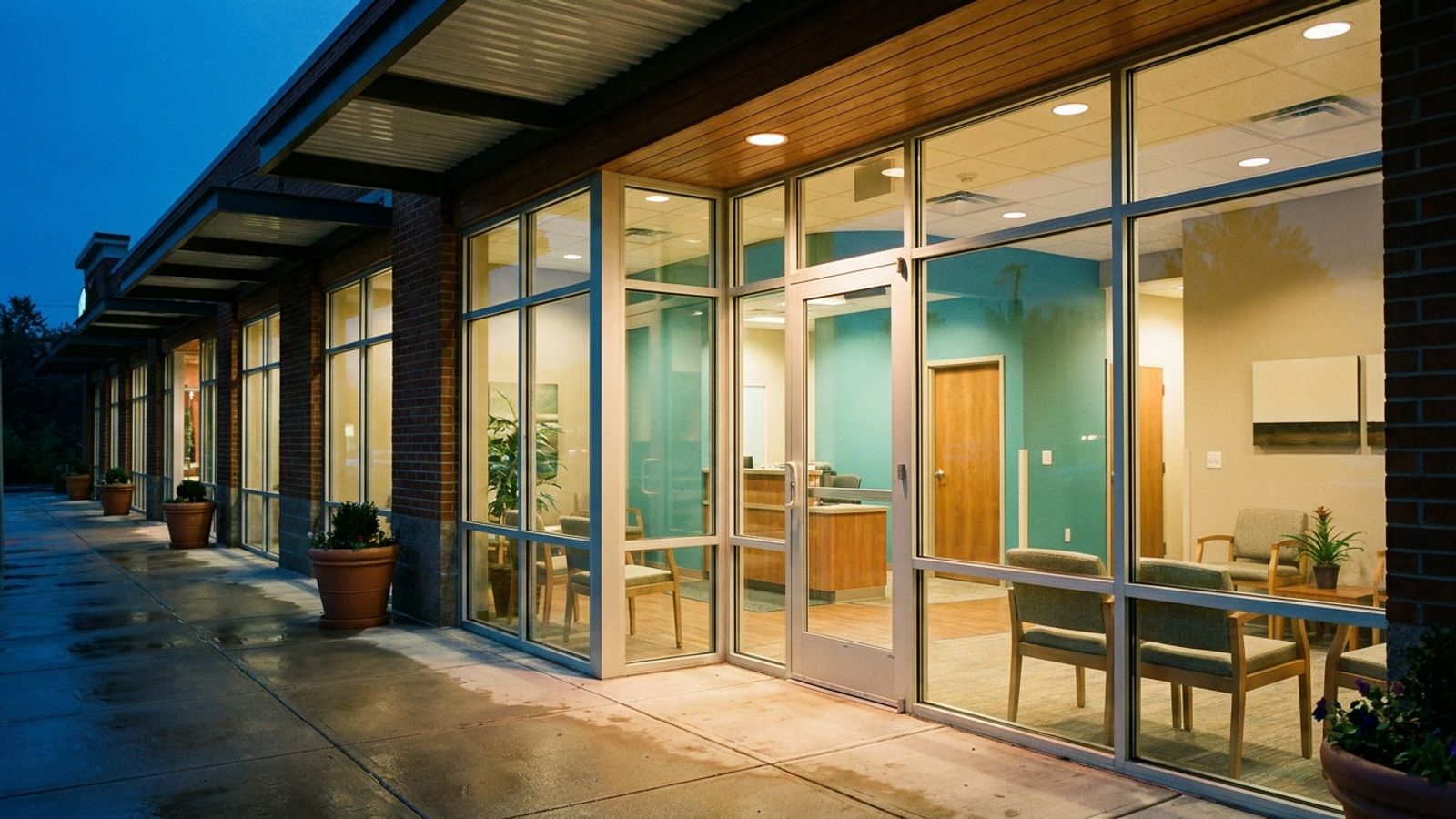 Lit glass entrance of a neighborhood urgent care clinic in the evening