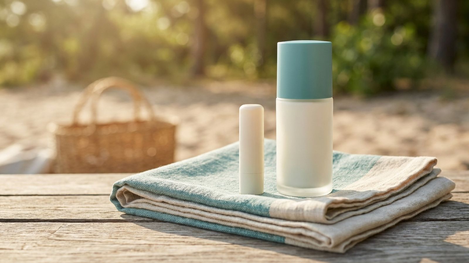 Lip balm and sunscreen on a folded towel in summer light