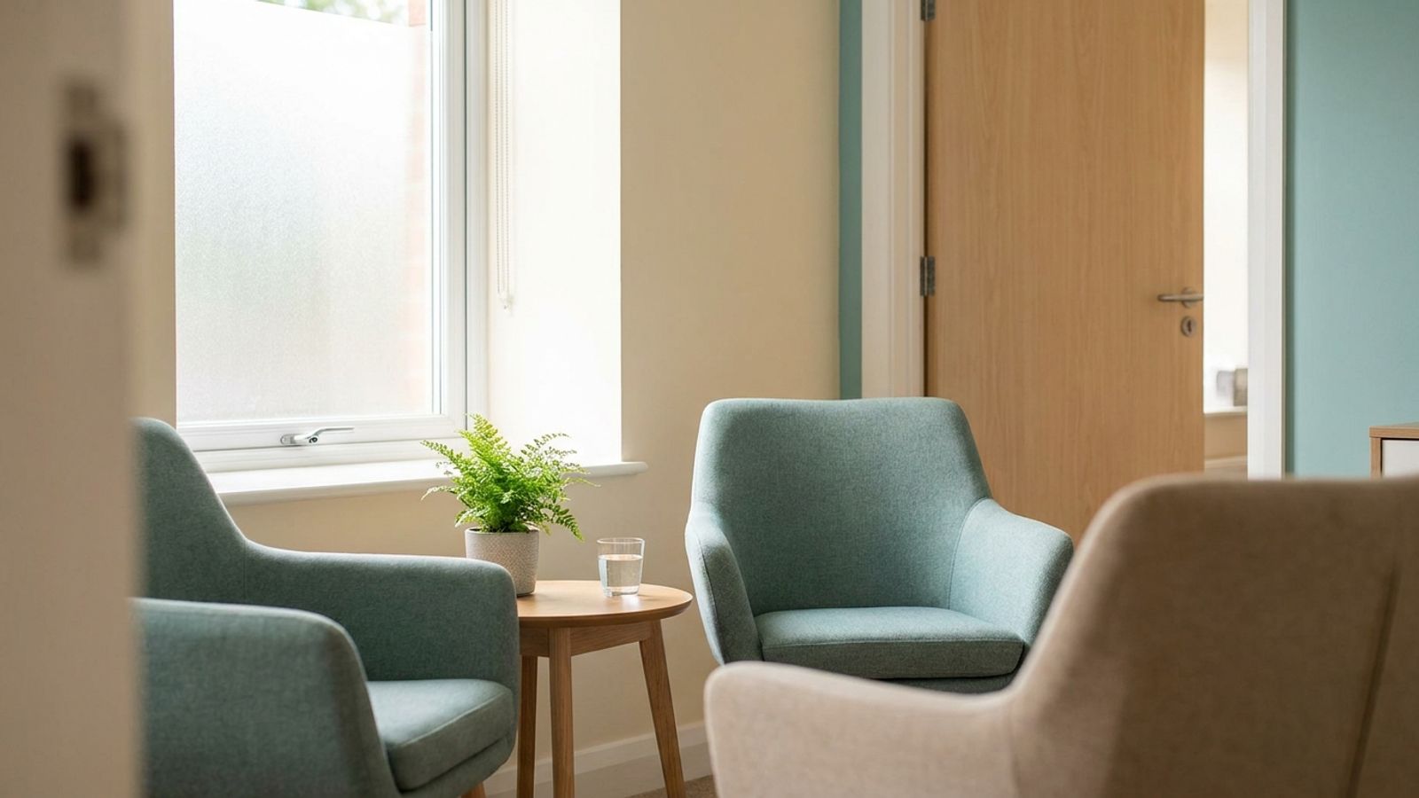 A quiet, private consultation room with teal armchairs, a small table with a plant and a glass of water, and a frosted window