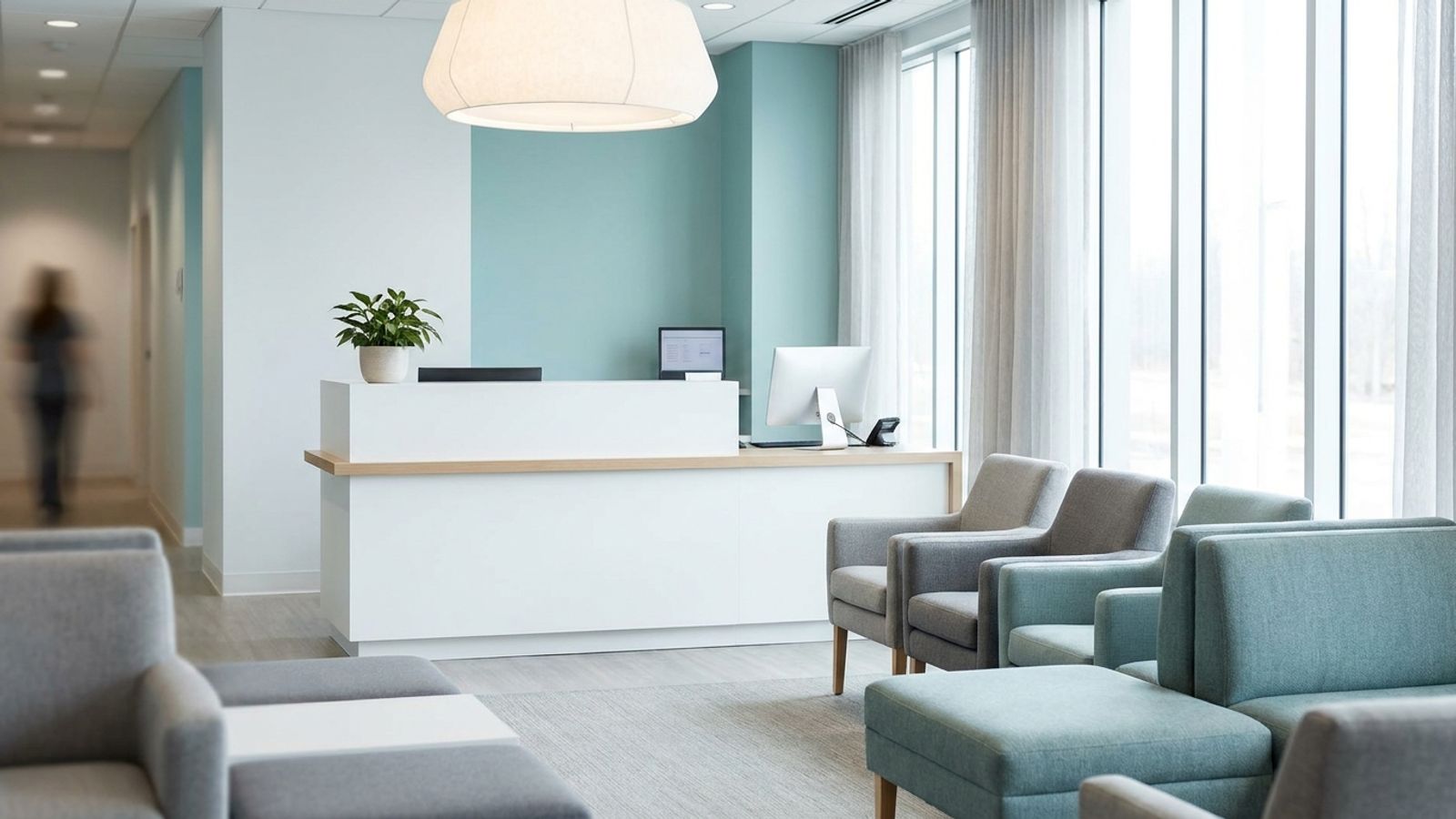 Bright, welcoming urgent care reception area with teal chairs