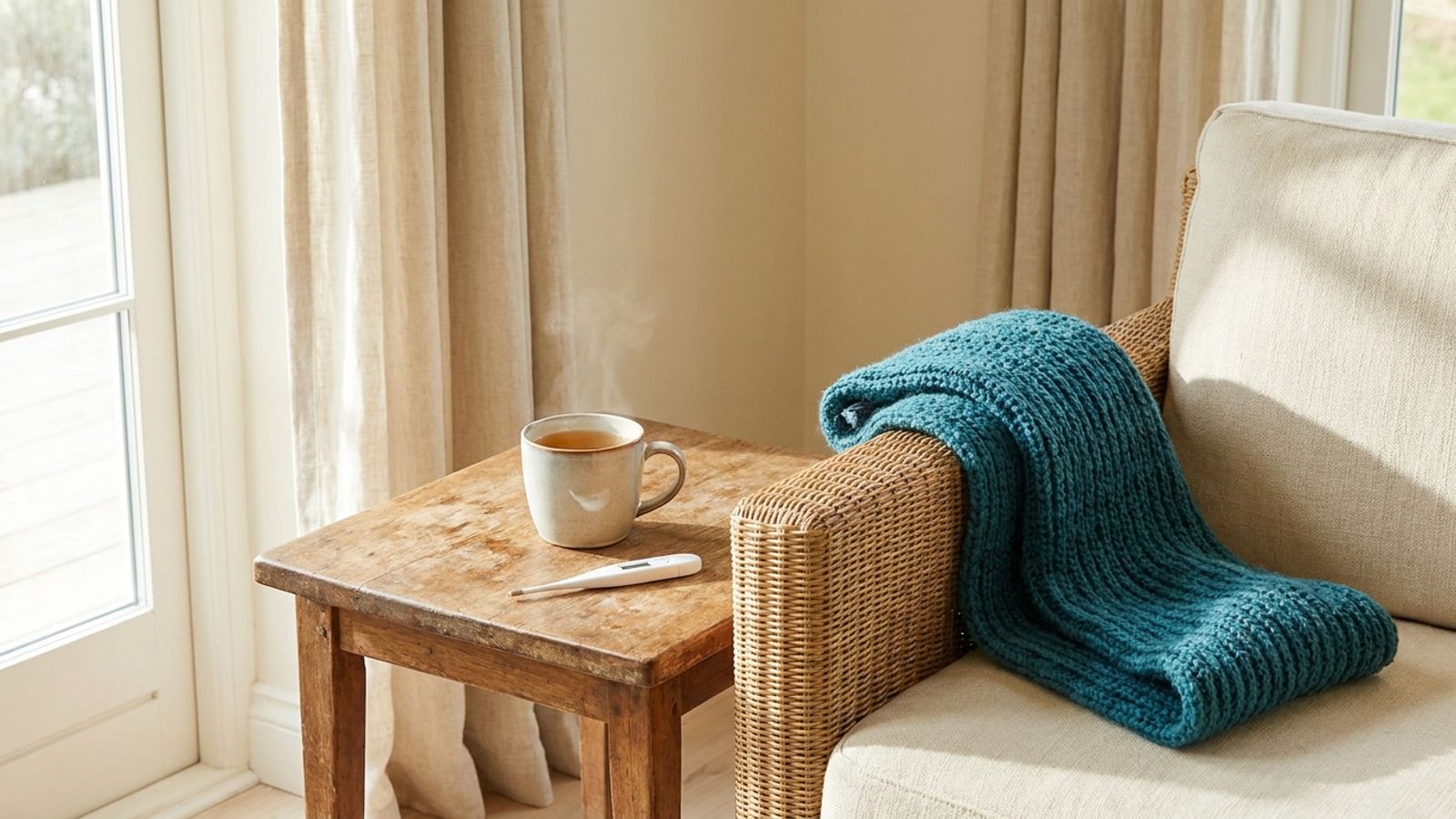 A mug of tea and a digital thermometer on a side table beside a chair draped with a teal knit scarf